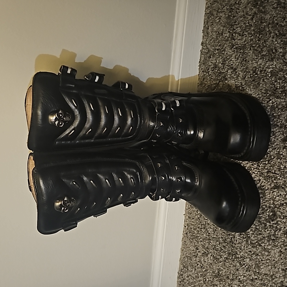 Black leather platform mid-calf boots